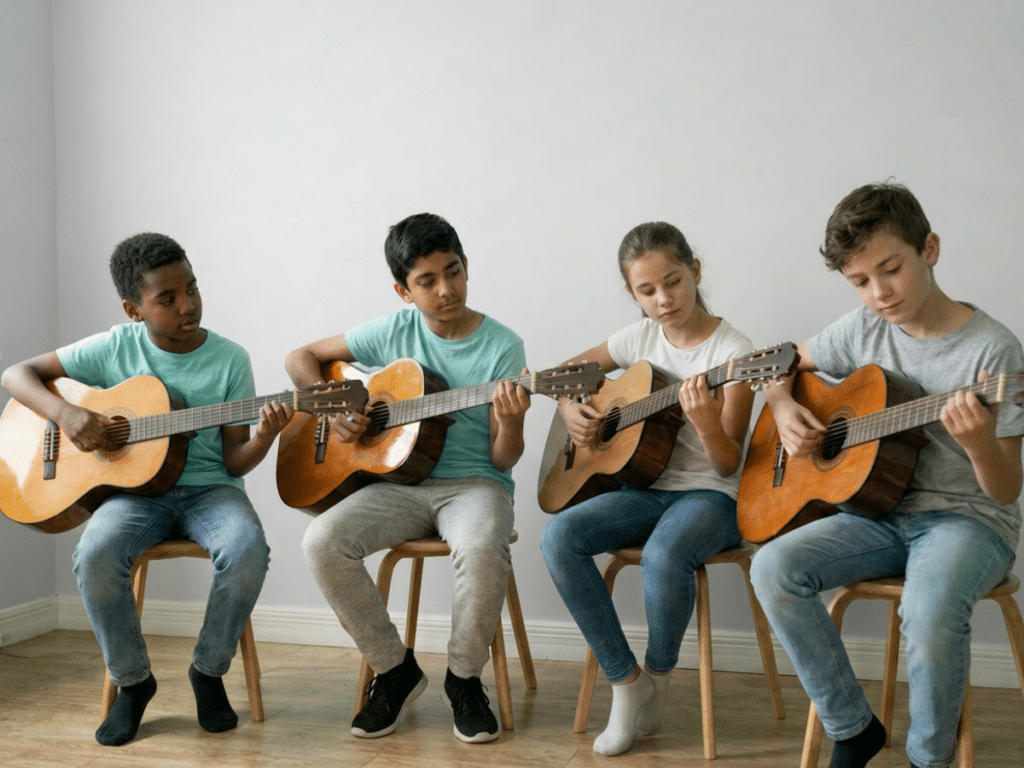 Students learning guitar in a group class